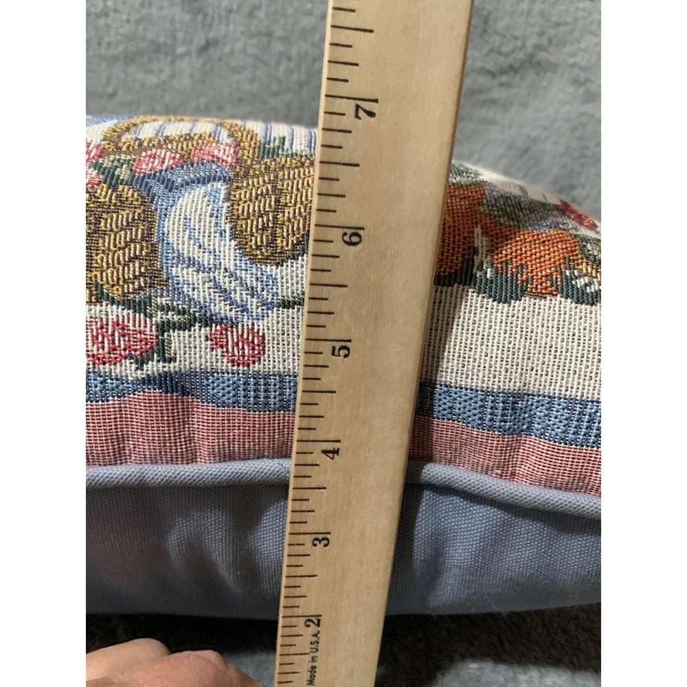 Vtg Garden Tapestry Throw Pillow Birdhouse Sun Hat Floral Accent Blue Cottage